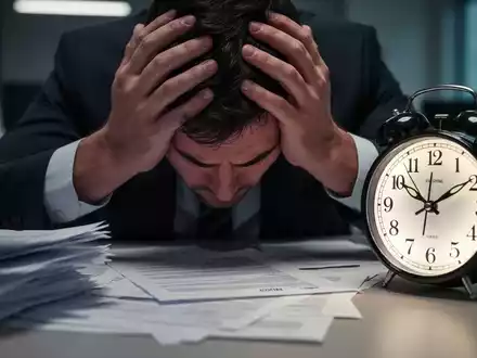 Nahaufnahme von Händen, die in einem Büro mit verschwommenen Dokumenten und einer digitalen Uhr den Kopf halten, was Stress und Zeitdruck symbolisiert. - Foto: über boerse-global.de