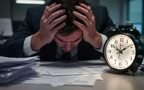 Nahaufnahme von HĂ€nden, die in einem BĂŒro mit verschwommenen Dokumenten und einer digitalen Uhr den Kopf halten, was Stress und Zeitdruck symbolisiert. - Foto: ĂŒber boerse-global.de