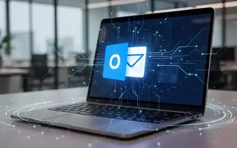 Laptop mit Microsoft Outlook-Logo auf dem Bildschirm, umgeben von digitalen Linien, die Daten und KI symbolisieren. - Foto: über boerse-global.de