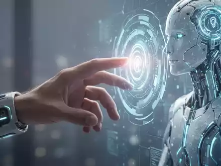 Eine menschliche Hand greift nach einer leuchtenden, abstrakten digitalen Schnittstelle, die natürliche Sprachinteraktion mit KI symbolisiert. - Foto: über boerse-global.de