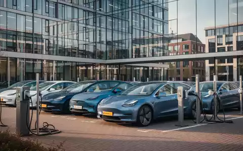 Eine Flotte moderner Elektrofahrzeuge steht vor einem Bürogebäude in den Niederlanden, Ladestationen im Vordergrund. - Foto: über boerse-global.de