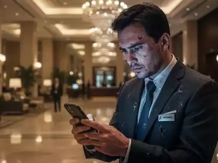 Eine Mitarbeiterin in einer Hotellobby blickt besorgt auf ihr Smartphone, während im Hintergrund verschwommene Gäste zu sehen sind. - Foto: über boerse-global.de