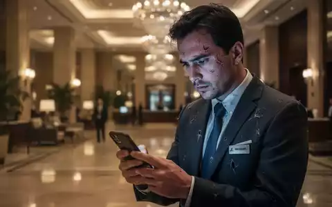 Eine Mitarbeiterin in einer Hotellobby blickt besorgt auf ihr Smartphone, während im Hintergrund verschwommene Gäste zu sehen sind. - Foto: über boerse-global.de