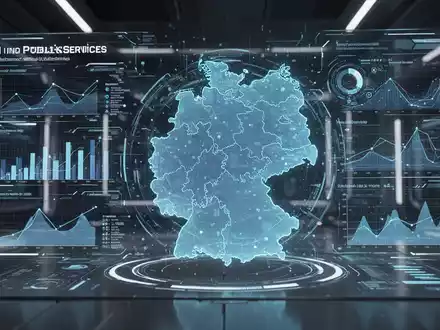 Abstraktes digitales Interface mit leuchtender Deutschlandkarte und Datenpunkten, Symbol für digitale Transformation und KI-Integration in öffentlichen Diensten. - Foto: über boerse-global.de