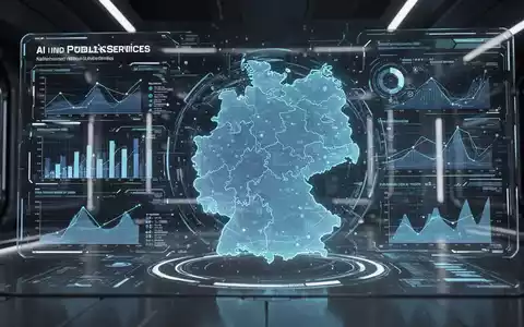Abstraktes digitales Interface mit leuchtender Deutschlandkarte und Datenpunkten, Symbol für digitale Transformation und KI-Integration in öffentlichen Diensten. - Foto: über boerse-global.de