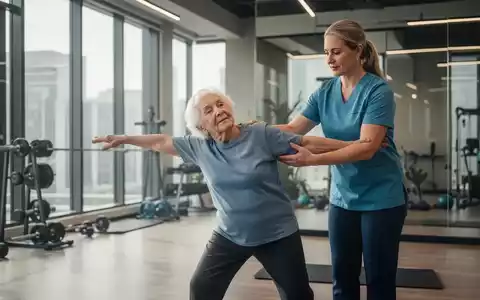 Eine ältere Person macht leichte Rückenübungen mit einem Physiotherapeuten in einem modernen Fitnessstudio. - Foto: über boerse-global.de