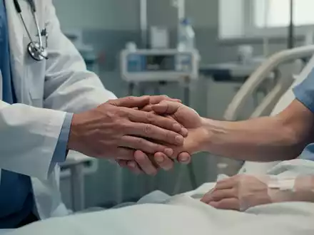Nahaufnahme der Hände eines Arztes, der die Hand eines Patienten in einer Krankenhausumgebung berührt, symbolisiert Fürsorge. - Foto: über boerse-global.de