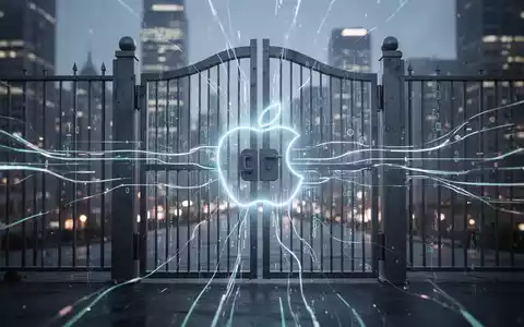 Ein stilisiertes digitales Tor mit dem Apple-Logo und leuchtenden Linien, die Datenflüsse und Vorschriften darstellen, vor einer verschwommenen Stadtlandschaft. - Foto: über boerse-global.de