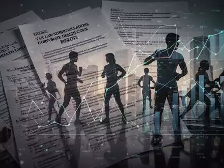 Abstrakte Darstellung von Gesetzestexten und Finanzdokumenten, die sich mit Silhouetten von Menschen bei Fitnessaktivitäten überschneiden. Symbolisiert Steuerrecht und Firmenfitness. - Foto: über boerse-global.de