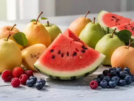 Eine Nahaufnahme von frisch geschnittenen, wasserreichen Früchten wie Wassermelone und Nashi-Birnen auf einem Holztisch. - Foto: über boerse-global.de