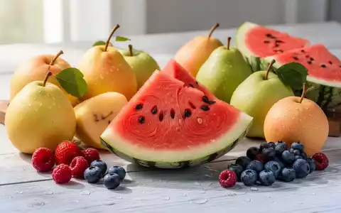 Eine Nahaufnahme von frisch geschnittenen, wasserreichen Früchten wie Wassermelone und Nashi-Birnen auf einem Holztisch. - Foto: über boerse-global.de
