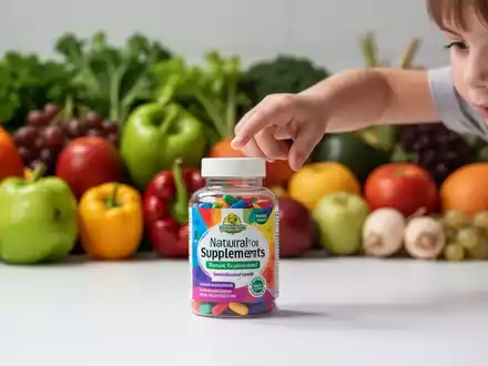 Eine Kinderhand greift nach einer bunten Flasche mit Nahrungsergänzungsmitteln, im Hintergrund verschwommenes Obst und Gemüse. - Foto: über boerse-global.de