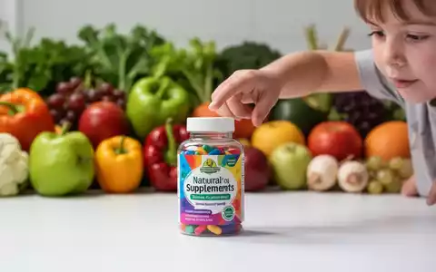Eine Kinderhand greift nach einer bunten Flasche mit Nahrungsergänzungsmitteln, im Hintergrund verschwommenes Obst und Gemüse. - Foto: über boerse-global.de