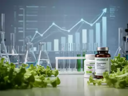 Eine Laborumgebung mit wissenschaftlicher Ausrüstung, daneben grüne Blätter und eine Flasche Bio-Nahrungsergänzungsmittel. - Foto: über boerse-global.de