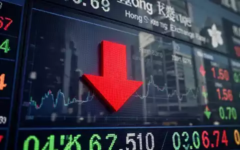 Roter Pfeil nach unten auf digitalem Aktienticker, im Hintergrund das Gebäude der Hongkonger Börse. - Foto: über boerse-global.de