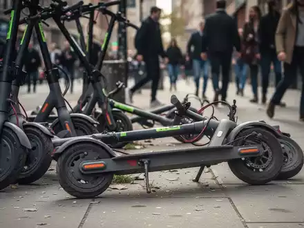 Mehrere E-Scooter stehen chaotisch auf einem BĂŒrgersteig, einer ist umgekippt. FuĂgĂ€nger gehen im Hintergrund vorbei. - Foto: ĂŒber boerse-global.de