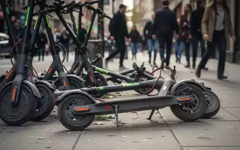Mehrere E-Scooter stehen chaotisch auf einem Bürgersteig, einer ist umgekippt. Fußgänger gehen im Hintergrund vorbei. - Foto: über boerse-global.de