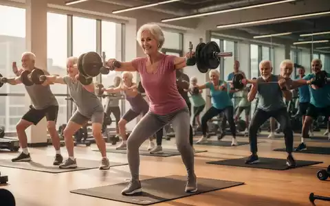Senioren trainieren in einem modernen Fitnessstudio, führen Kraftübungen mit leichten Gewichten und dem eigenen Körpergewicht aus. - Foto: über boerse-global.de