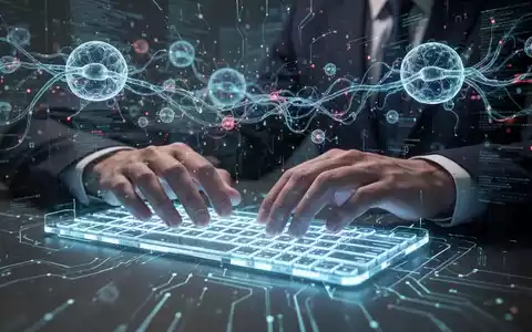 Hände tippen auf futuristischer, leuchtender Tastatur, abstrakte digitale Muster im Hintergrund symbolisieren KI und Cybersicherheitsbedrohungen. - Foto: über boerse-global.de