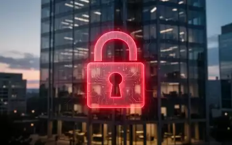 Glühendes rotes digitales Vorhängeschloss-Symbol über unscharfem Bürogebäude in der Dämmerung, symbolisiert Cyber-Bedrohungen für Unternehmen. - Foto: über boerse-global.de