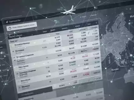 Ein stilisiertes digitales Finanzbuch mit Reisedaten und abstrakten Netzwerkkonnektivitäten, das moderne Finanzbuchhaltung und Reisemanagement darstellt. - Foto: über boerse-global.de