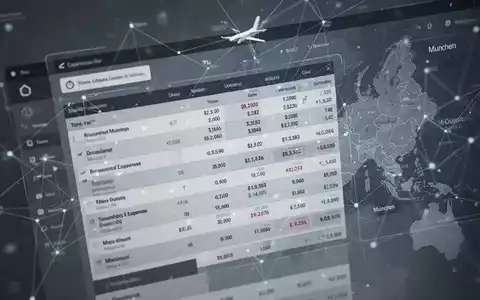 Ein stilisiertes digitales Finanzbuch mit Reisedaten und abstrakten Netzwerkkonnektivitäten, das moderne Finanzbuchhaltung und Reisemanagement darstellt. - Foto: über boerse-global.de