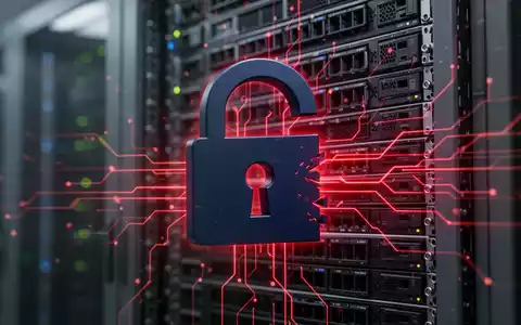 Ein stilisiertes, dunkelblaues digitales Vorhängeschloss-Symbol mit rot glühenden Linien vor einem verschwommenen Server-Rack. Das Schloss ist teilweise geöffnet. - Foto: über boerse-global.de