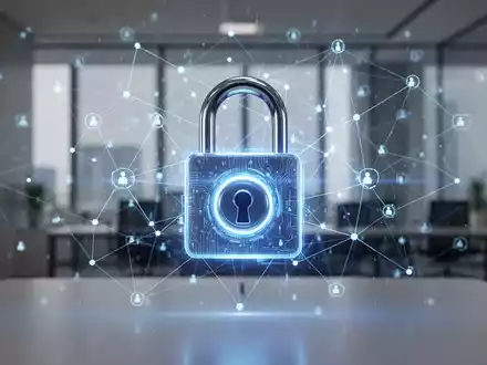 Digitales Vorhängeschloss-Symbol über einem Netzwerk leuchtender Datenpunkte, das Datensicherheit und Benachrichtigung bei Sicherheitsverletzungen symbolisiert. - Foto: über boerse-global.de
