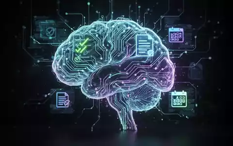 Leuchtendes neuronales Netz in Gehirnform mit digitalen Produktivitätssymbolen für KI-Agenten und Workflow-Automatisierung. - Foto: über boerse-global.de