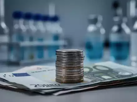 Ein verschwommenes pharmazeutisches Labor im Hintergrund mit einem Stapel Euro-Münzen im Vordergrund, der Kostendruck symbolisiert. - Foto: über boerse-global.de