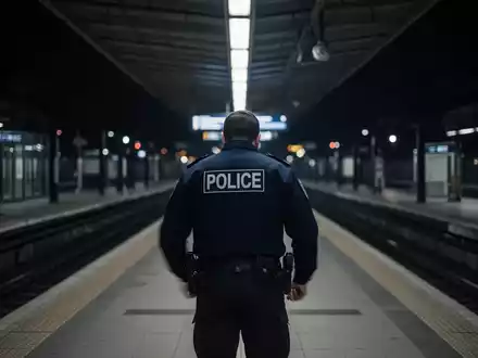 Ein Polizist steht auf einem menschenleeren, düsteren Bahnsteig und blickt in die Ferne, was Wachsamkeit und Herausforderungen symbolisiert. - Foto: über boerse-global.de
