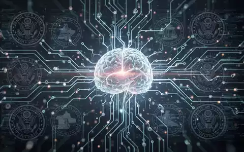 Glühendes neuronales Netzwerk als KI-Symbol, überlagert mit dezenten Regierungssiegeln, symbolisiert KI-Integration in öffentliche Dienste. - Foto: über boerse-global.de