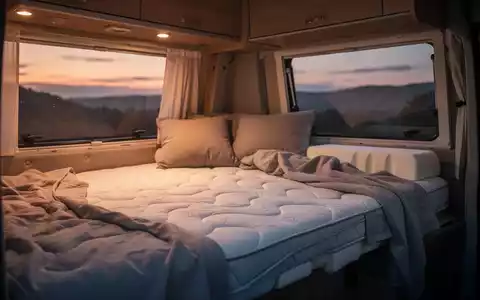 Ein gemütliches Camper-Interieur bei Dämmerung, mit einem komfortablen, ergonomischen Bett, das von sanftem Licht beleuchtet wird. - Foto: über boerse-global.de