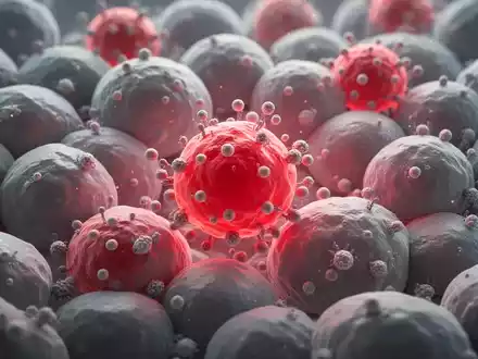 Mikroskopische Ansicht von Fettgewebezellen, wobei entzündete Zellen rot hervorgehoben und von Immunzellen umgeben sind. - Foto: über boerse-global.de