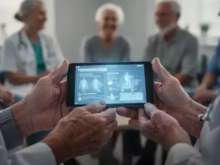 Hände halten ein leuchtendes Tablet mit medizinischen Informationen, im Hintergrund unscharf eine medizinische Fachkraft. - Foto: über boerse-global.de