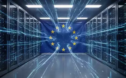 Stilisierter Serverraum mit blauen Lichtspuren, die Datenfluss und digitale Infrastruktur in der EU symbolisieren. - Foto: über boerse-global.de