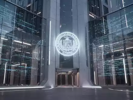 Modernes Regierungsgebäude mit digitalen Code-Overlays und dezentem Illinois-Staatssiegel, Symbol für KI-Regulierung. - Foto: über boerse-global.de