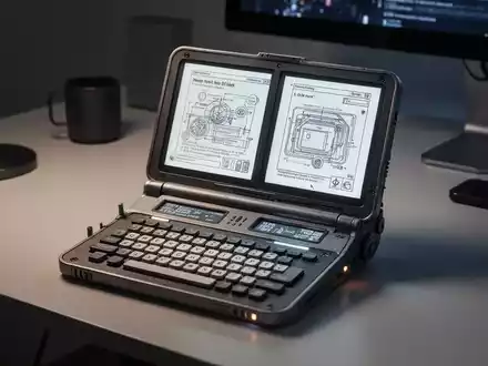 Retro-futuristischer E-Ink-PDA und Schreibmaschine, geöffnet auf einem Schreibtisch, mit zwei Bildschirmen und QWERTZ-Tastatur. - Foto: über boerse-global.de