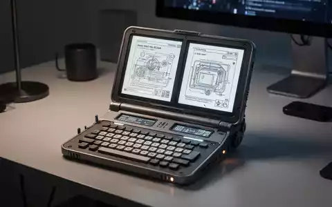 Retro-futuristischer E-Ink-PDA und Schreibmaschine, geöffnet auf einem Schreibtisch, mit zwei Bildschirmen und QWERTZ-Tastatur. - Foto: über boerse-global.de