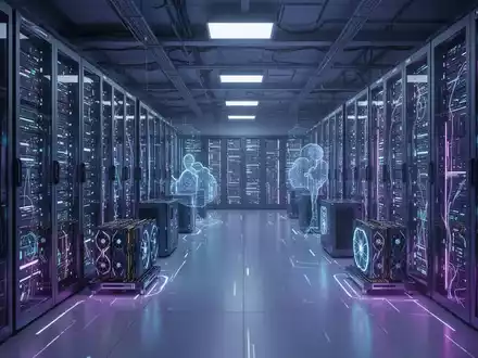 Zukunftsfähiges Rechenzentrum mit leuchtenden Serverracks, Supercomputern und leistungsstarken GPUs, Symbol für KI- und Cloud-Infrastruktur. - Foto: über boerse-global.de