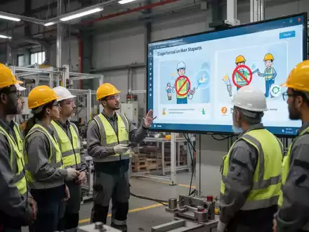 Arbeiter in Schutzausrüstung beobachten eine digitale Anzeige mit Sicherheitsschulungen in einer modernen Fabrik. - Foto: über boerse-global.de