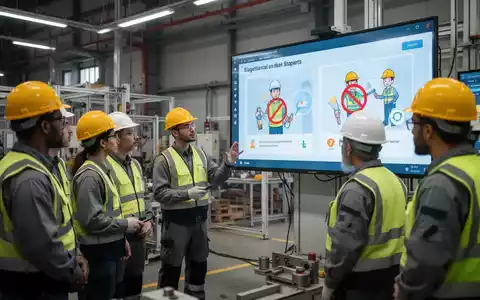Arbeiter in Schutzausrüstung beobachten eine digitale Anzeige mit Sicherheitsschulungen in einer modernen Fabrik. - Foto: über boerse-global.de