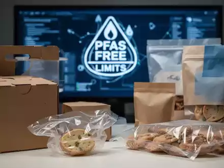 Nahaufnahme verschiedener Lebensmittelverpackungen aus Karton, Kunststoff und Papier, die auf neue PFAS-Grenzwerte hinweisen. - Foto: über boerse-global.de