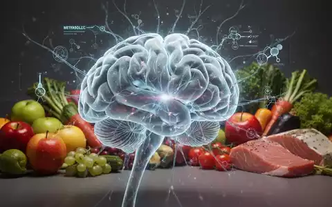 Eine Nahaufnahme des menschlichen Gehirns mit leuchtenden Nervenbahnen, umgeben von frischen Lebensmitteln wie Obst und Gemüse. - Foto: über boerse-global.de