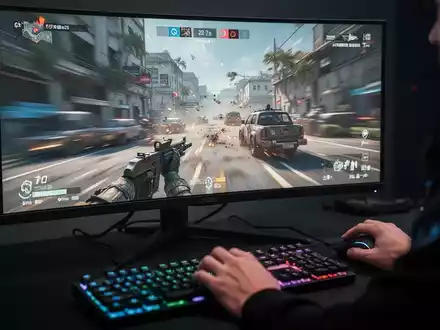 Nahaufnahme eines Gaming-Monitors mit hoher Bildwiederholrate, der ein schnelles Spiel zeigt, mit verschwommenen Händen auf Tastatur und Maus. - Foto: über boerse-global.de