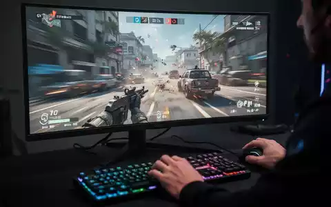 Nahaufnahme eines Gaming-Monitors mit hoher Bildwiederholrate, der ein schnelles Spiel zeigt, mit verschwommenen Händen auf Tastatur und Maus. - Foto: über boerse-global.de