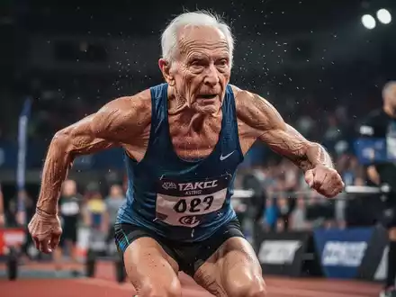 Ein älterer Athlet mit entschlossenem Gesichtsausdruck und definierten Muskeln nimmt an einem Fitnesswettbewerb teil. - Foto: über boerse-global.de