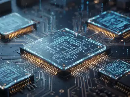 Nahaufnahme von leuchtenden Halbleiterchips auf einer Leiterplatte, die digitale Muster reflektieren. - Foto: über boerse-global.de