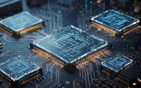 Nahaufnahme von leuchtenden Halbleiterchips auf einer Leiterplatte, die digitale Muster reflektieren. - Foto: über boerse-global.de