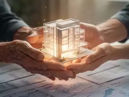 Zwei Hände, eine ältere und eine jüngere, halten sanft ein leuchtendes, ätherisches Architekturmodell eines modernen Gebäudes. - Foto: über boerse-global.de
